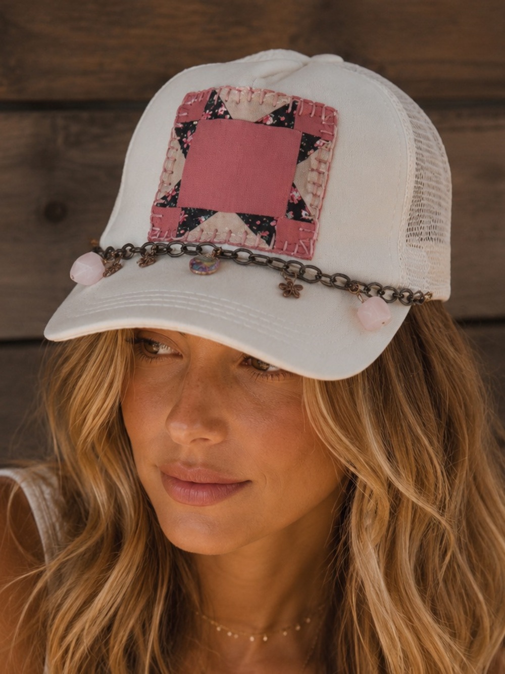 Patchwork Trucker Hat With Detachable Charm - Pink Sawtooth Star